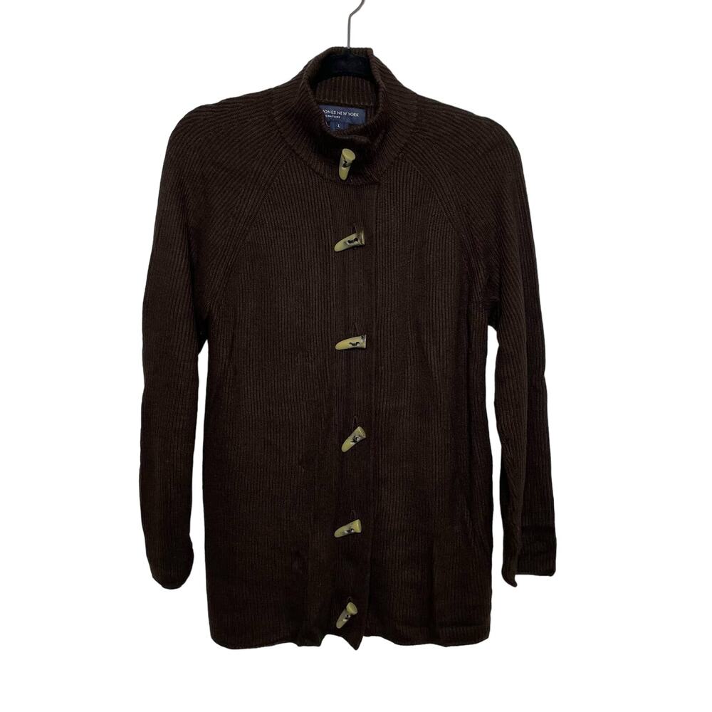 Jones New York Cardigan Sweater Toggle Button Ribbed Knit Granny Lagenlook L